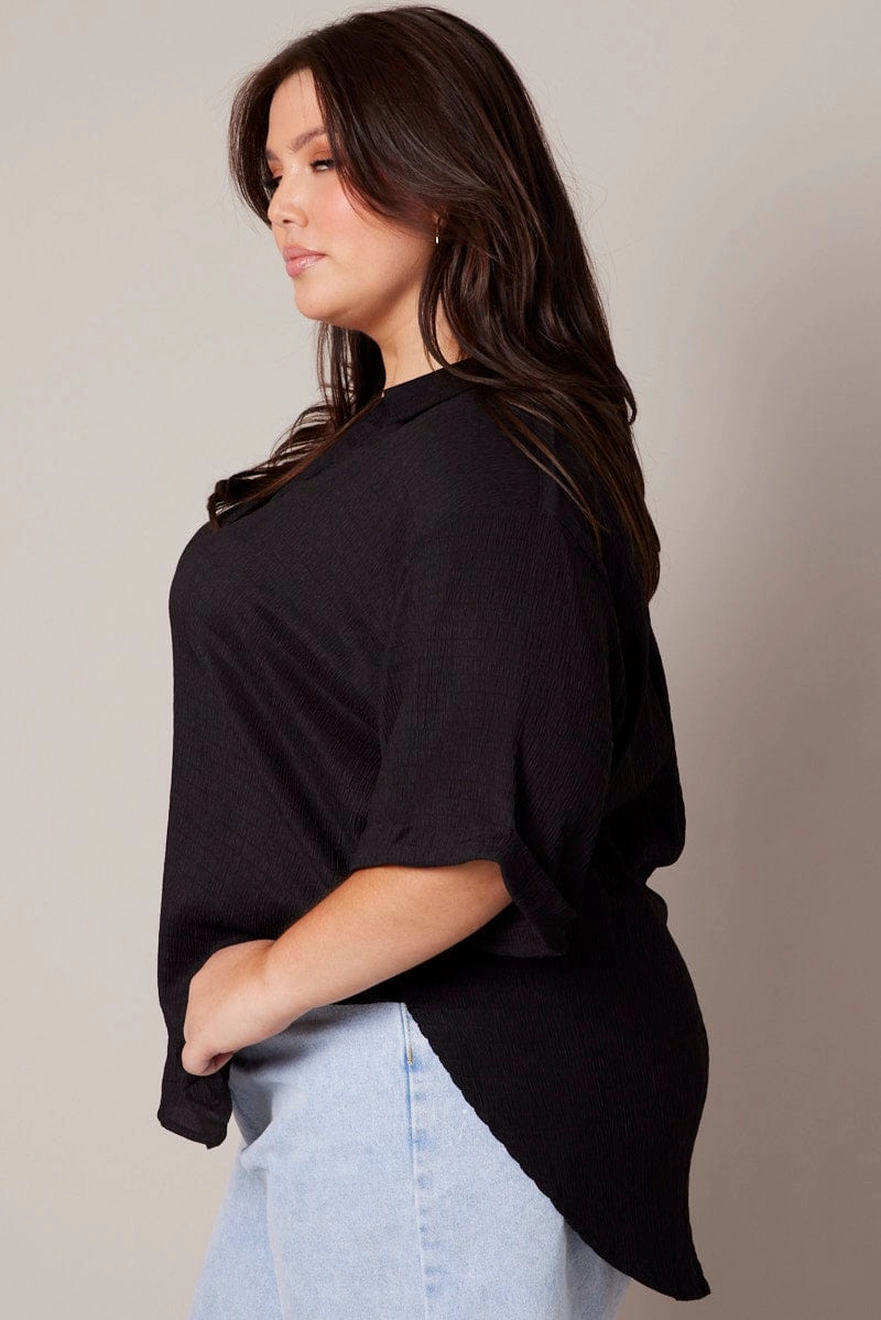 Chic Look Black Relaxed Shirt Short Sleeve Textured