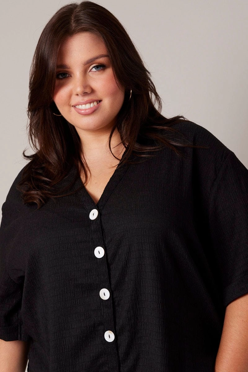 Premium Style Black Relaxed Shirt Short Sleeve Textured