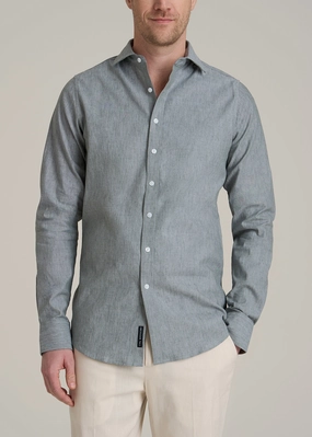 Stretch Linen Dress Shirt for Tall Men in Evergreen Mix Flatlock Seams