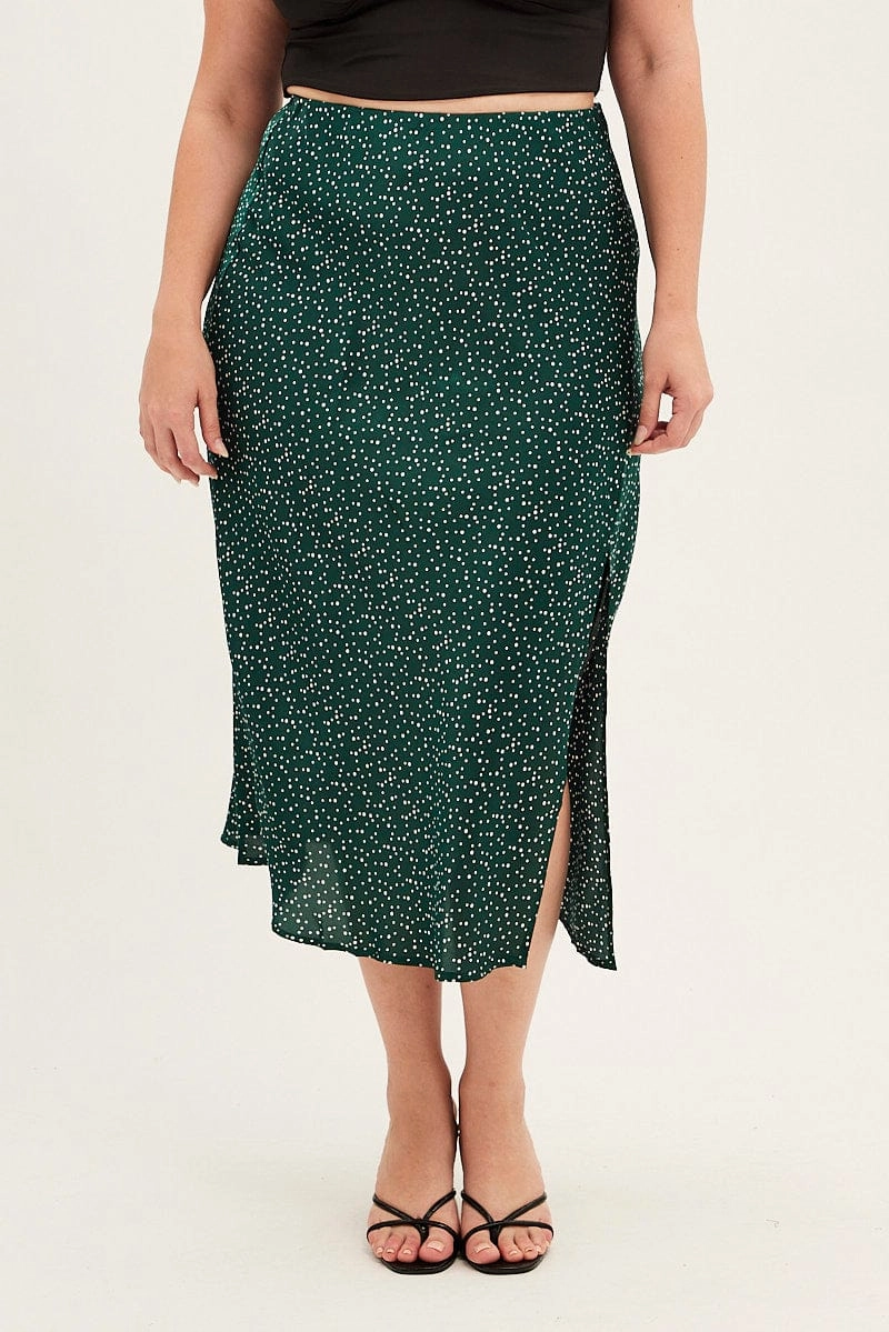 Stylish Vibe Fashion Pulse Green Polka Dot Midi Skirt Split Slip Satin