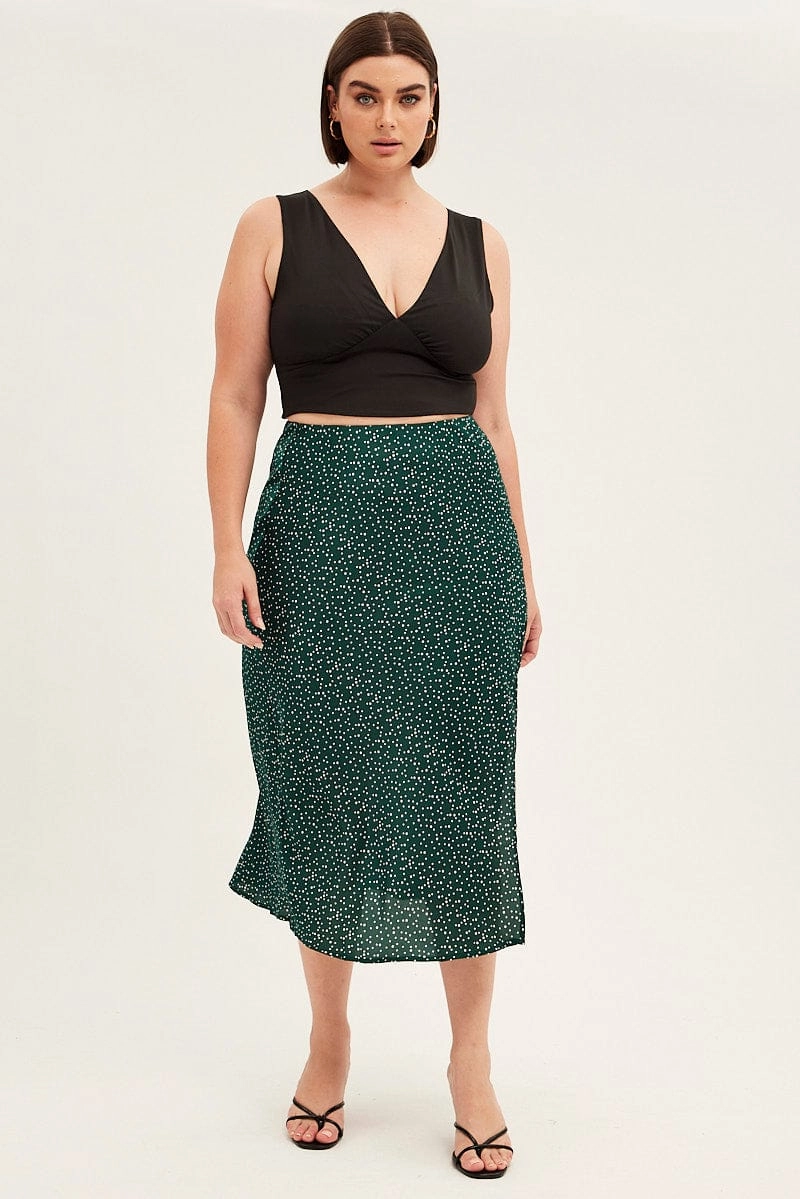 Green Polka Dot Midi Skirt Split Slip Satin Smooth Edging