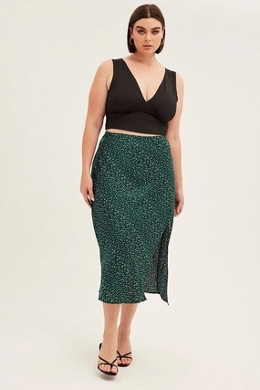 Green Polka Dot Midi Skirt Split Slip Satin Wardrobe Basics