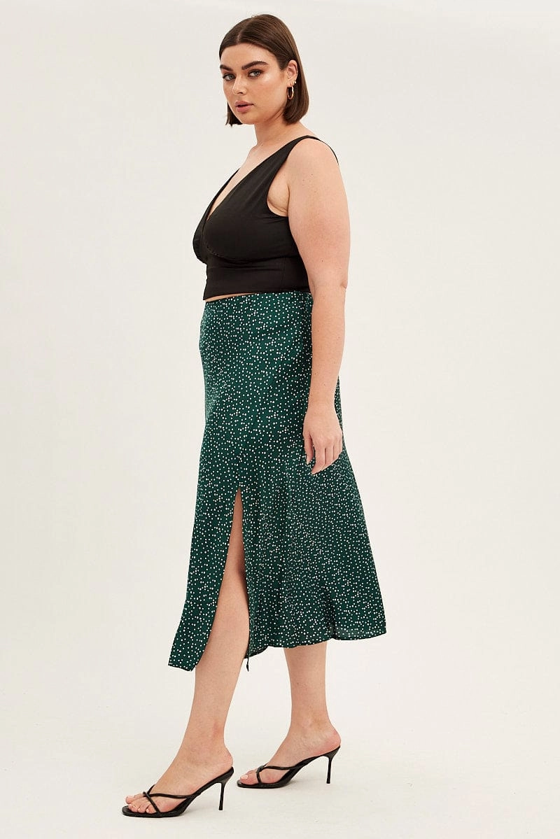 Easy Fashion Green Polka Dot Midi Skirt Split Slip Satin