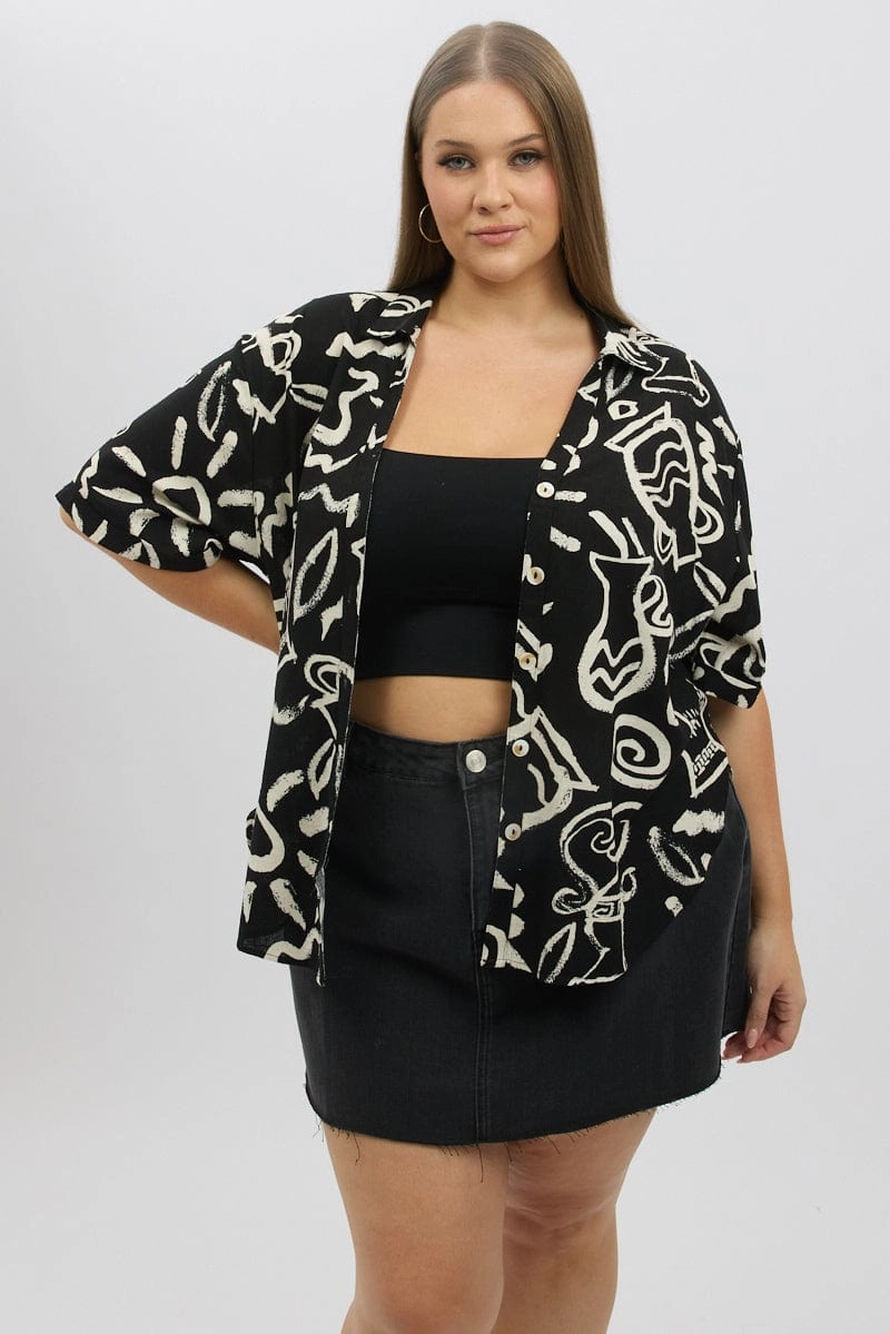 Chambray Fabric Black Abstract Relaxed Shirt Short Sleeve Linen Blend