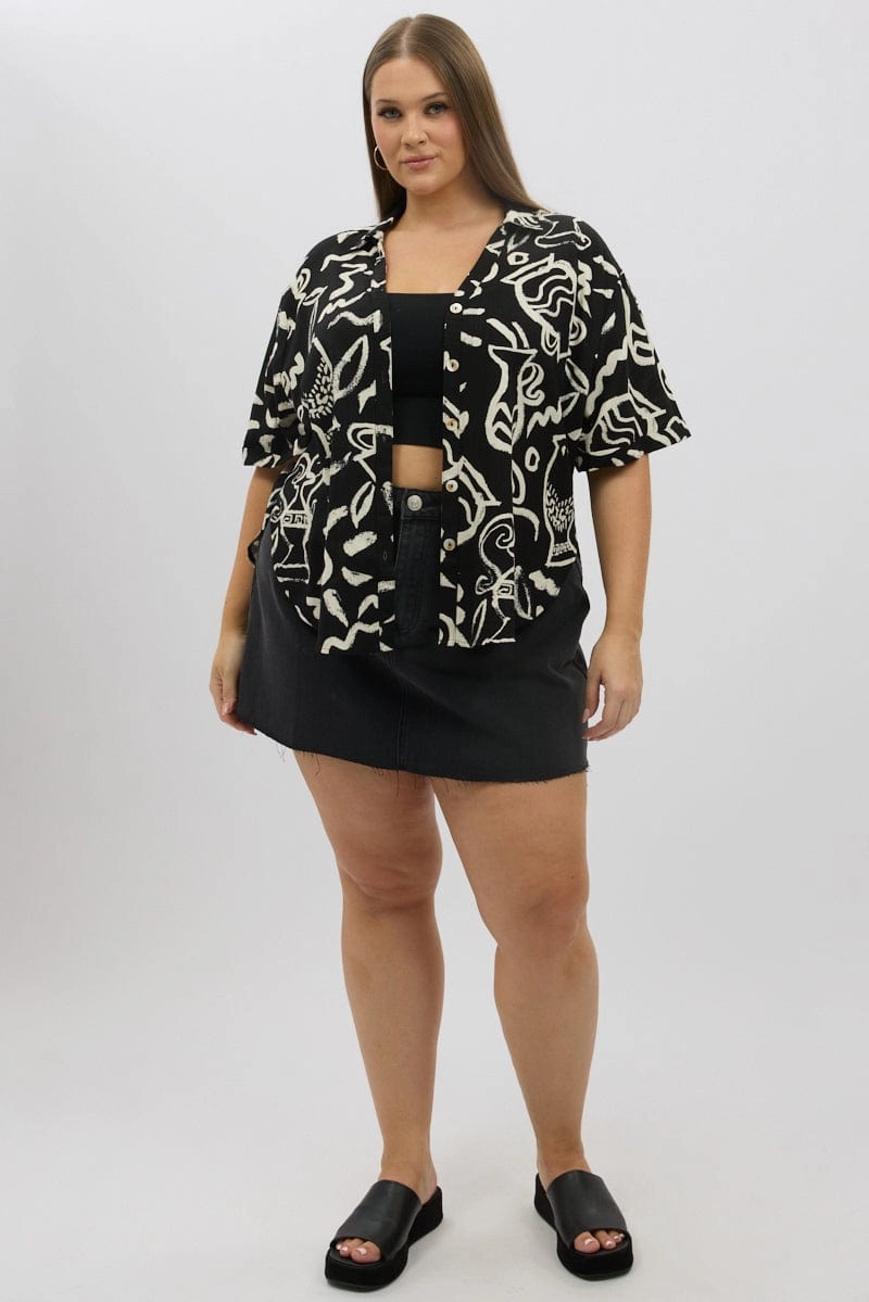 Multipurpose Layering Fabric Essential Fit Black Abstract Relaxed Shirt Short Sleeve Linen Blend