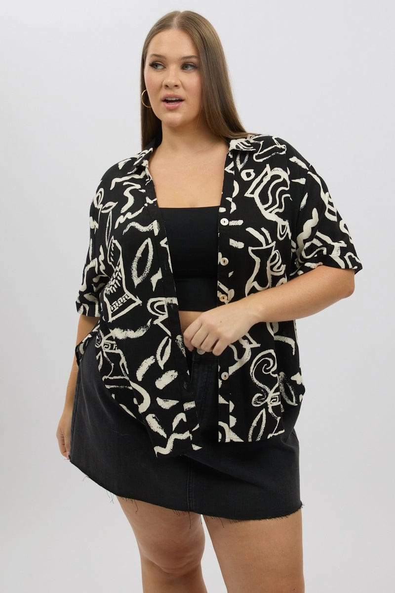 Black Abstract Relaxed Shirt Short Sleeve Linen Blend Easy Comfort Cocktail Party