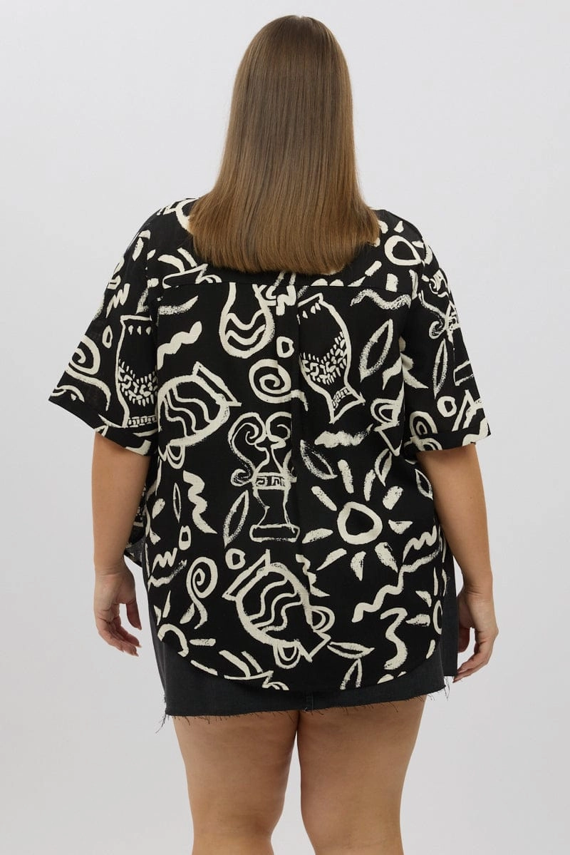 Lightweight Construction networking event Black Abstract Relaxed Shirt Short Sleeve Linen Blend