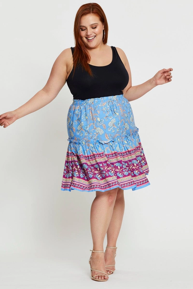 Boho Print Mini Skater Skirt Elastic Waist Casual Edge