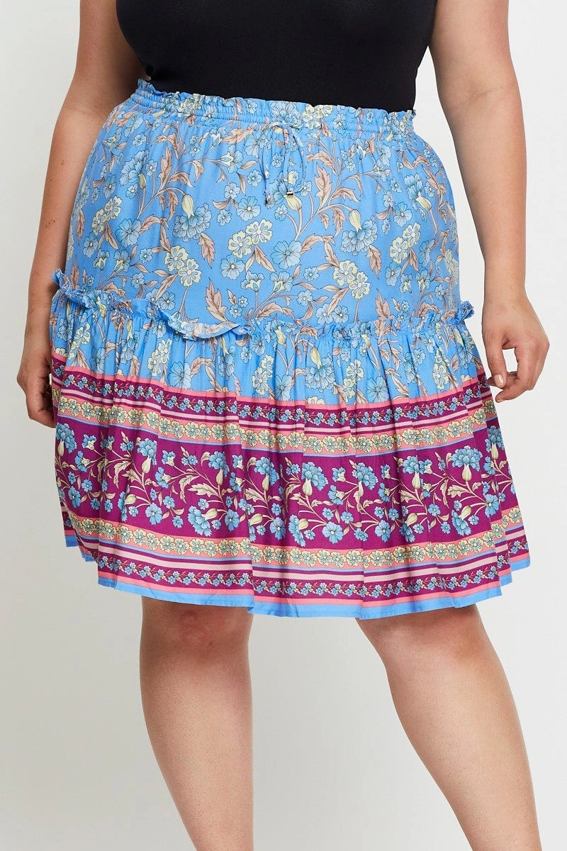Boho Print Mini Skater Skirt Elastic Waist Roll Up Fasten Twist Front