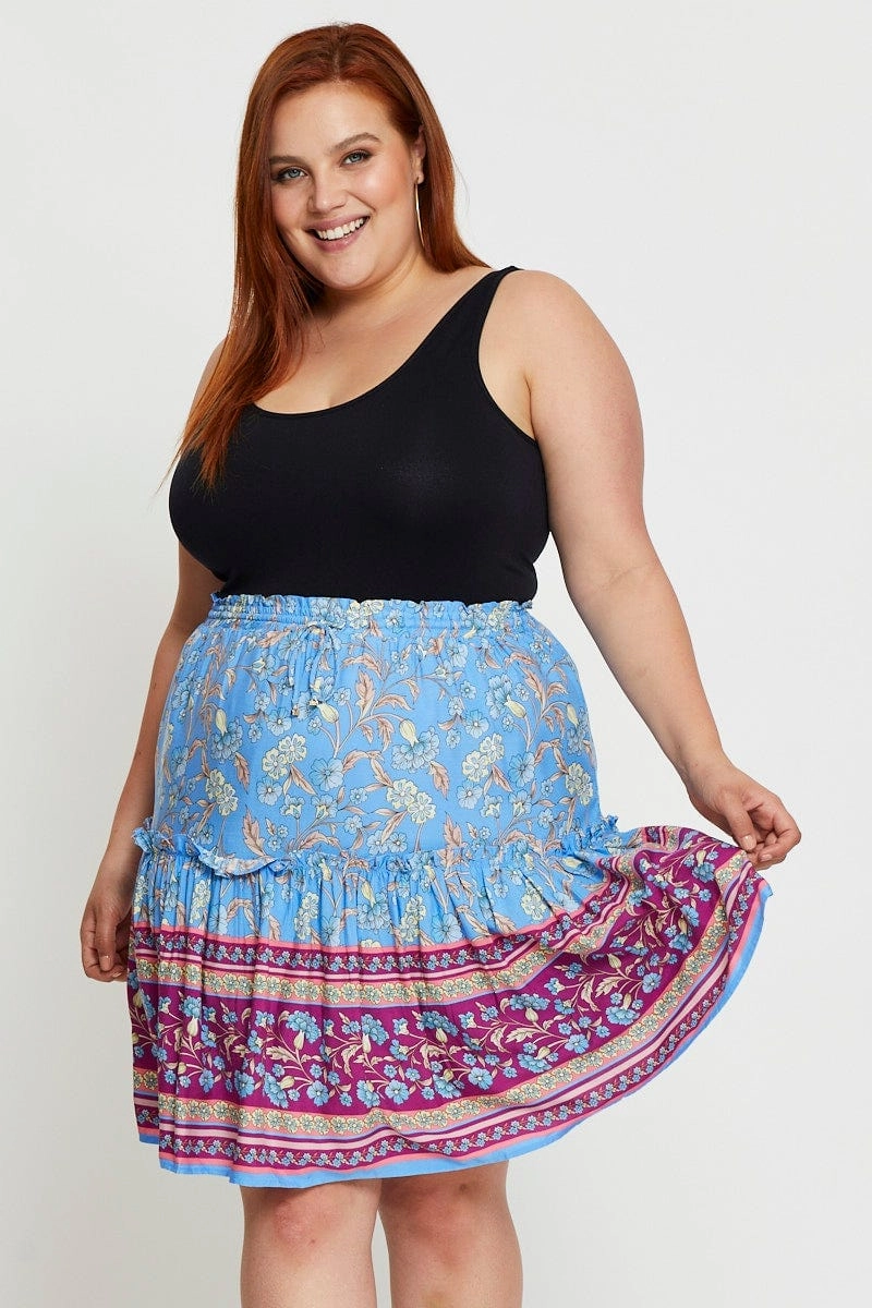 Subtle Look Friction Free Boho Print Mini Skater Skirt Elastic Waist