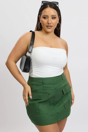 Abstract Motif Green Button Detail Patch Pocket Cotton Mini Skirt