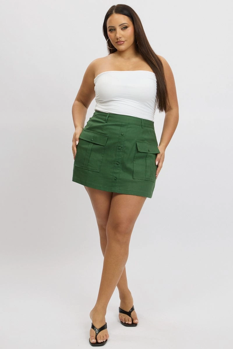 Ventilated Panels Bold Statement Green Button Detail Patch Pocket Cotton Mini Skirt