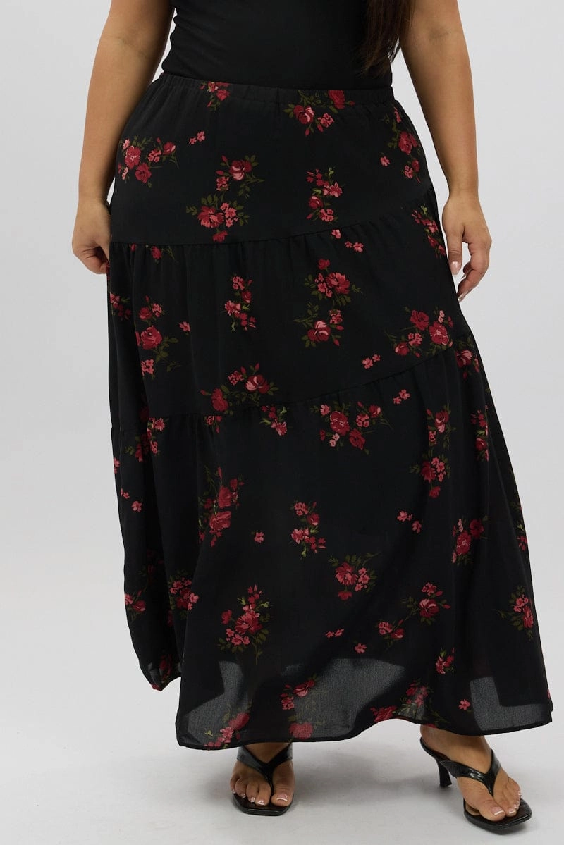 Plant Based Material Black Floral Maxi Skirt