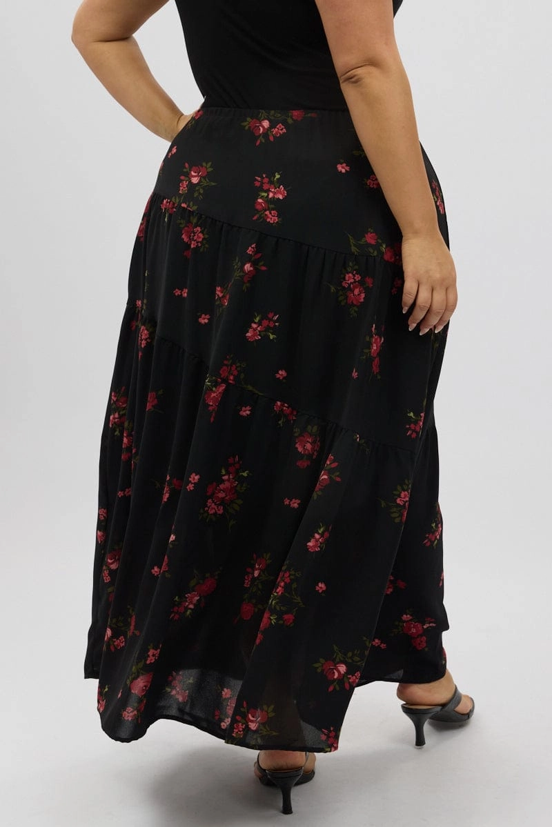 Black Floral Maxi Skirt Midi length Comfortable Motion