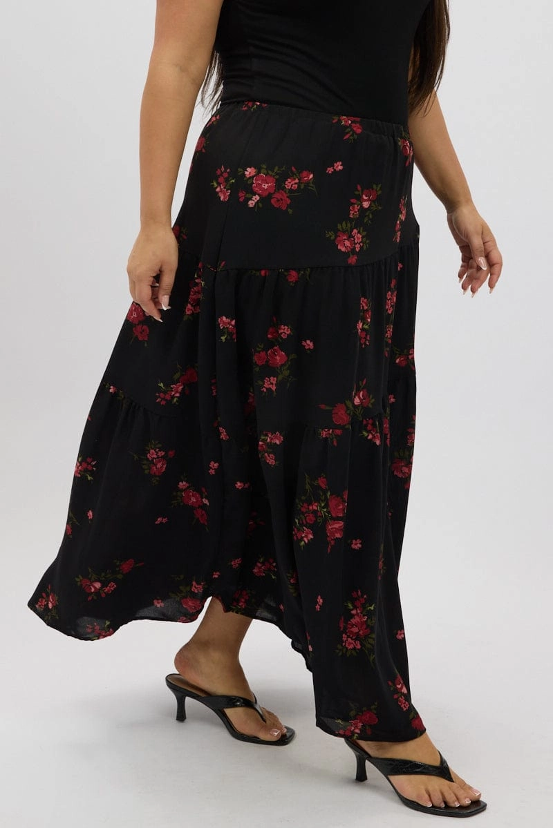 Black Floral Maxi Skirt Roll Up Hem Hand Stitched