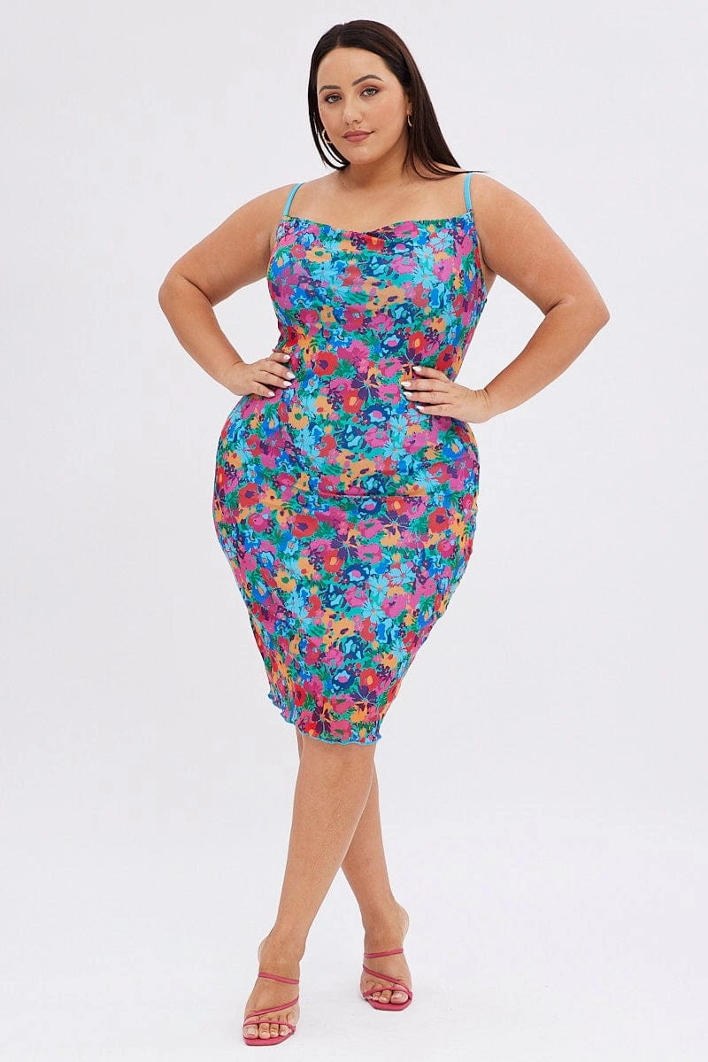 Relax Style Multi Abstract Bodycon Dress Tie Back Strappy Swirl Mesh