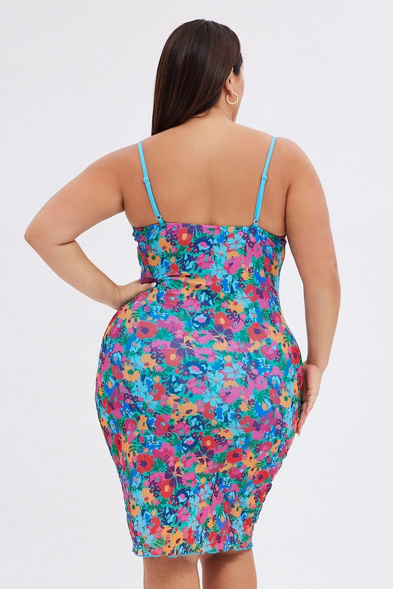 Multi Abstract Bodycon Dress Tie Back Strappy Swirl Mesh Tailored Fit Soft-Lining