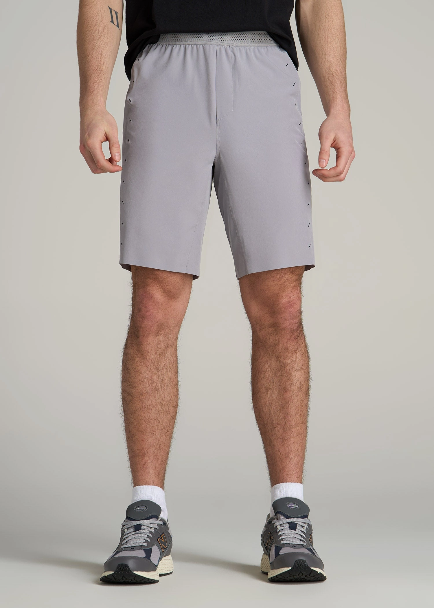 Featherweight Perforated Training Shorts for Tall Men in Light Grey Breathable Mesh Panels