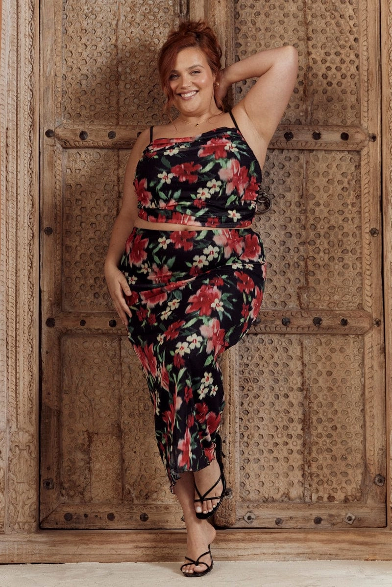 Cozy Finish Black Floral Straight Mesh Long Skirt