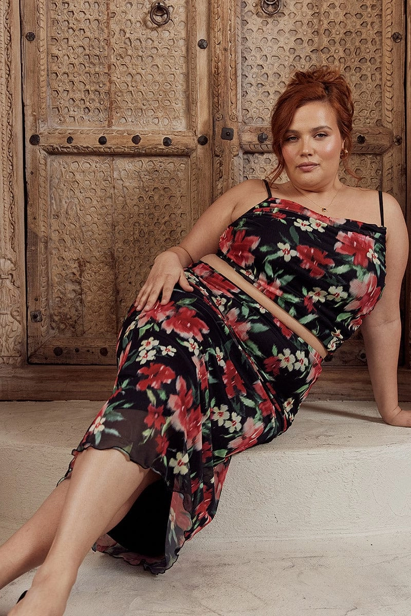 Black Floral Straight Mesh Long Skirt Subtle Look Road Trip