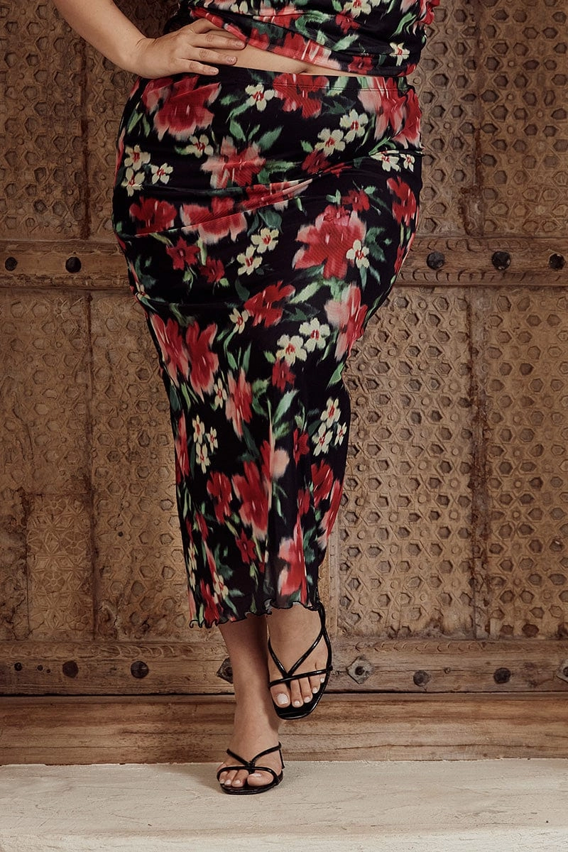 Earth Tones Weighted Hem Black Floral Straight Mesh Long Skirt