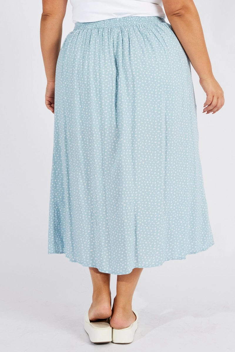 Blue Ditsy Ditsy Split Skirt Simple Layer