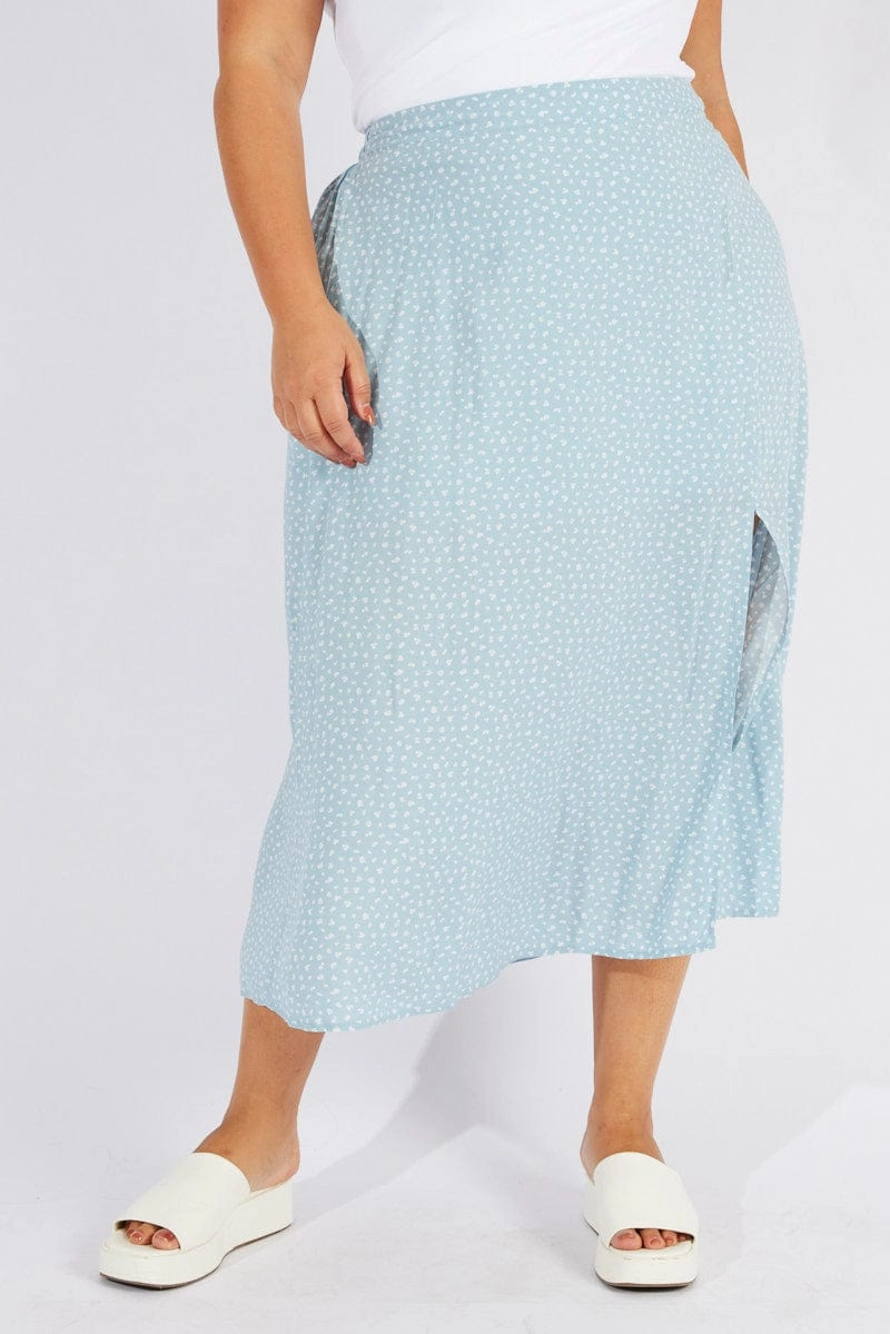 Blue Ditsy Ditsy Split Skirt Versatile Outfit Fade Resistant Cloth