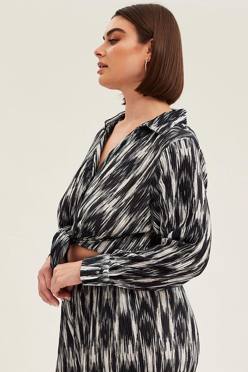 Black Abstract Relaxed Shirt Long Sleeve V-neck Plisse Retro Vibe Layering Essential
