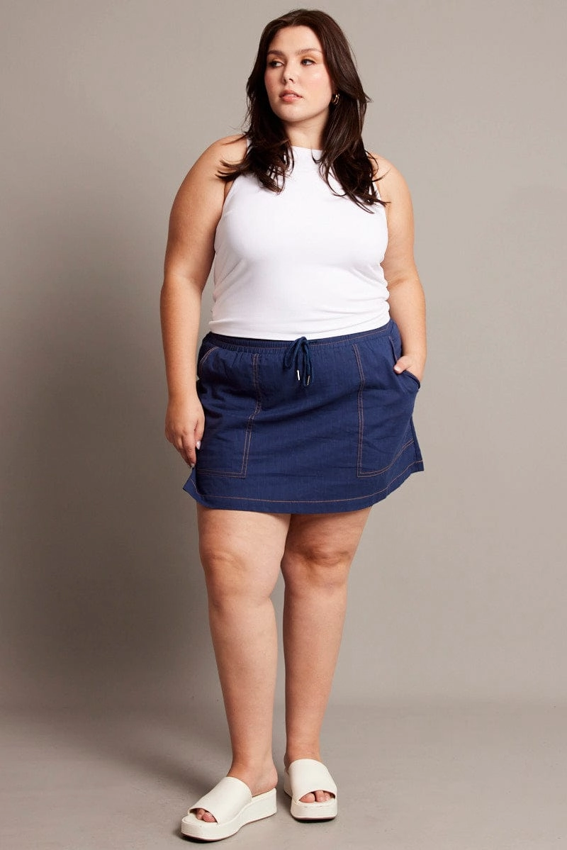 Blue Contrast Stitch Cotton Mini Skirt Bestseller Item Easy Fit