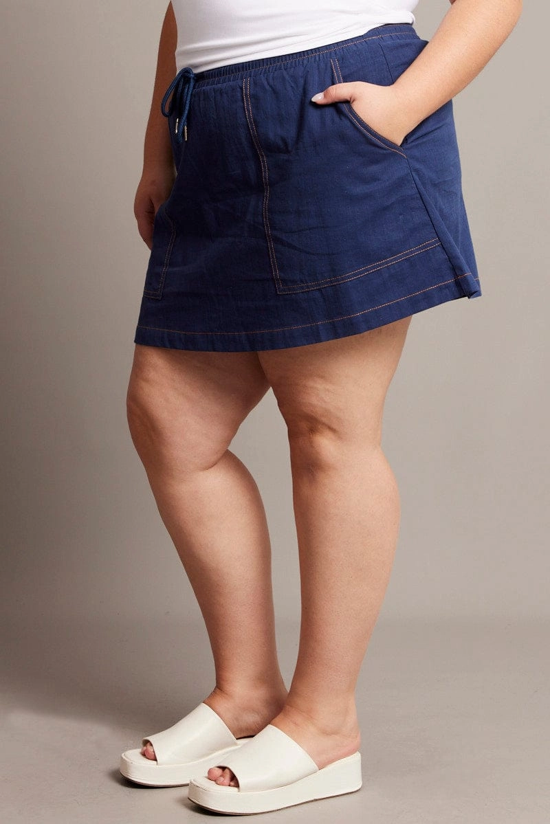 Subtle Look Blue Contrast Stitch Cotton Mini Skirt
