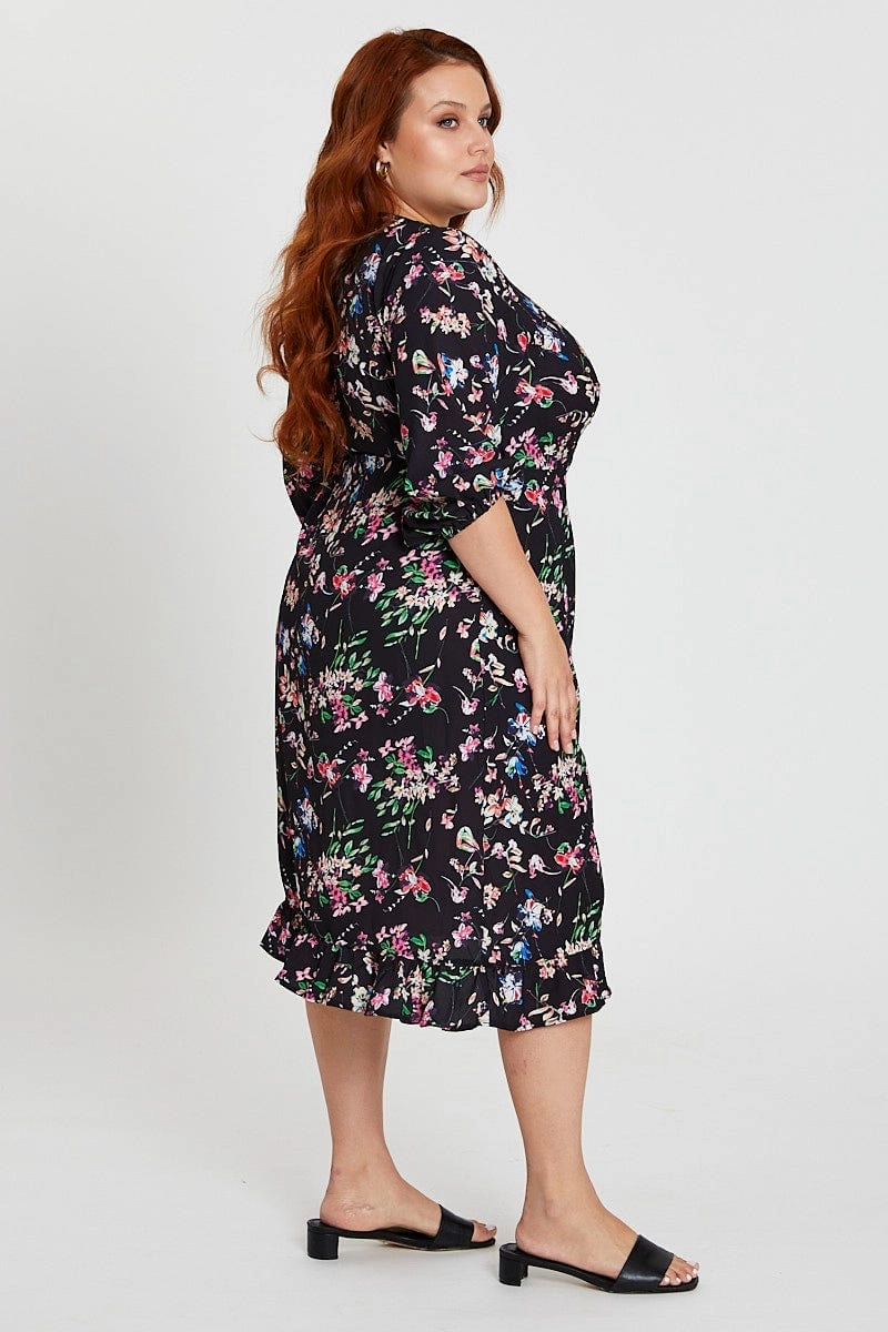 Work Appropriate Floral Print Maxi Dress V-neck Long Sleeve