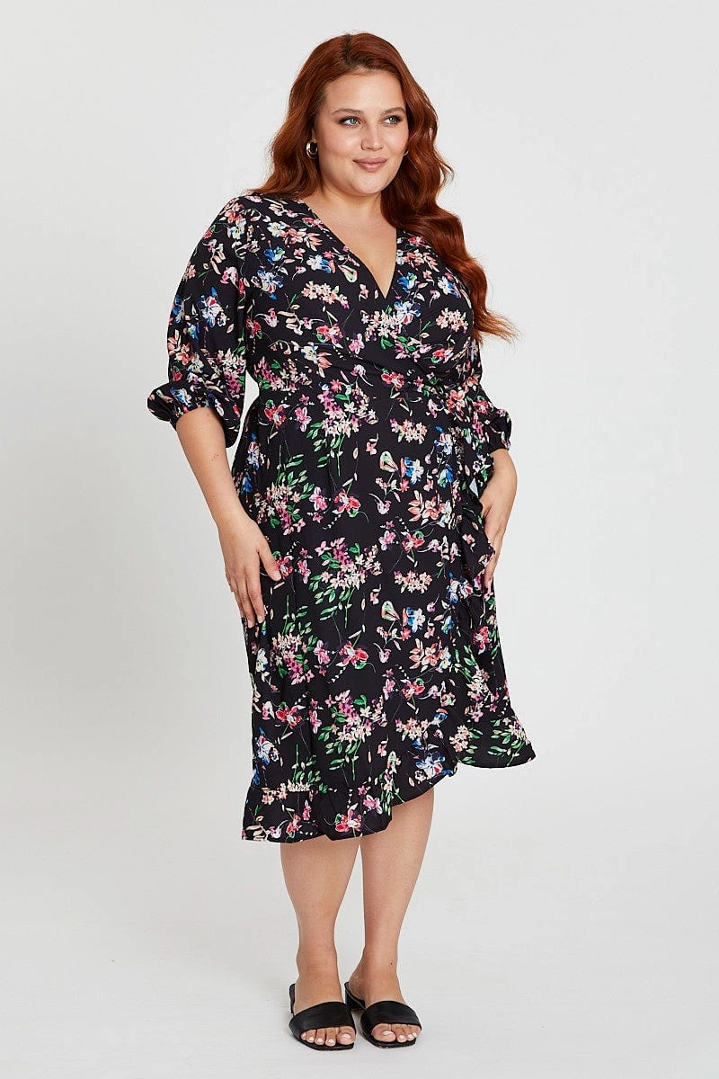 Floral Print Maxi Dress V-neck Long Sleeve Grace Soft