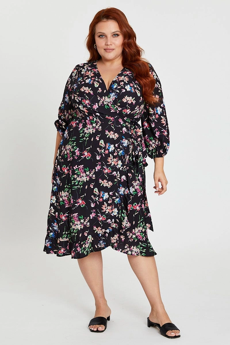 Floral Print Maxi Dress V-neck Long Sleeve Bright-Hue Semi Formal