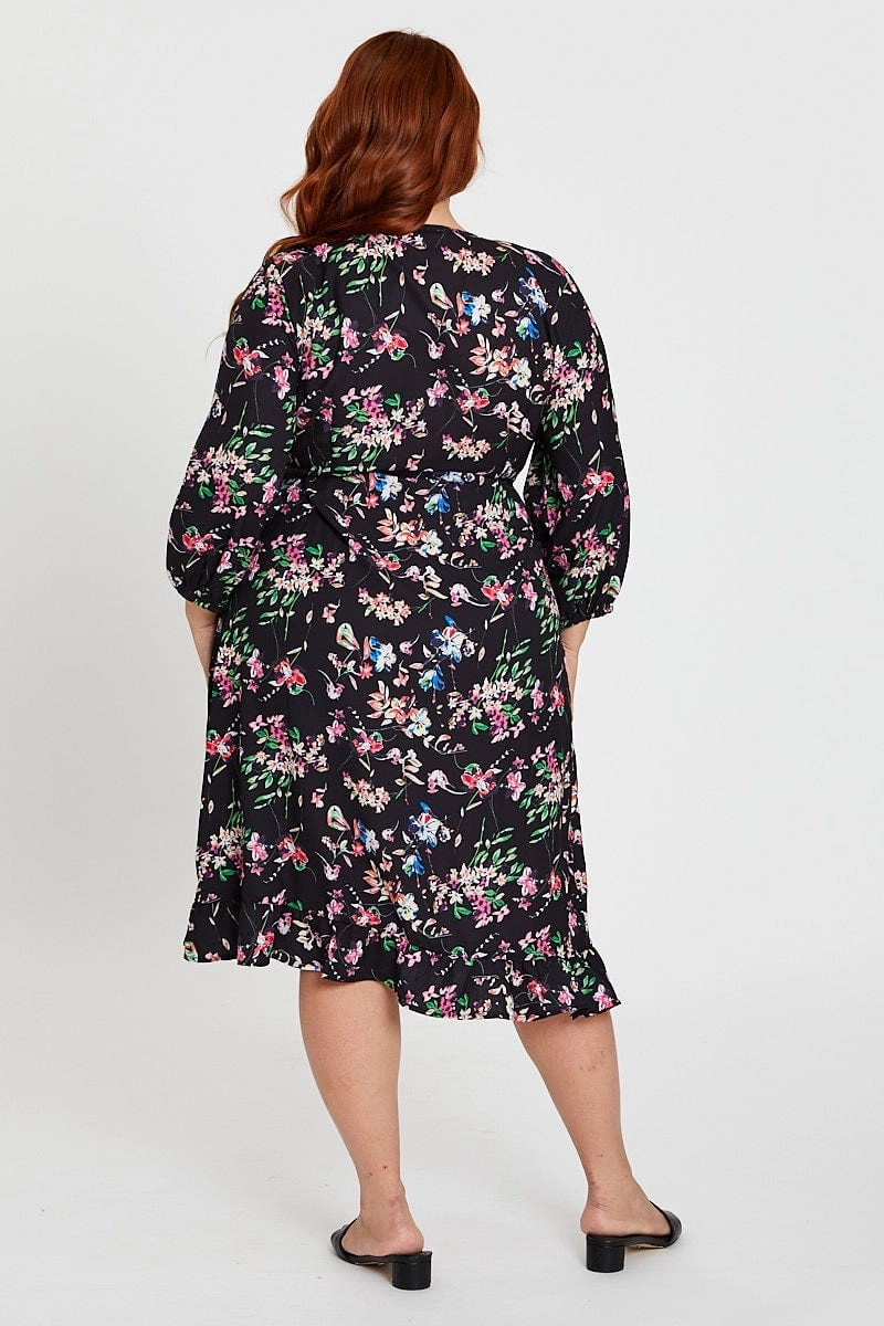 packable Floral Print Maxi Dress V-neck Long Sleeve