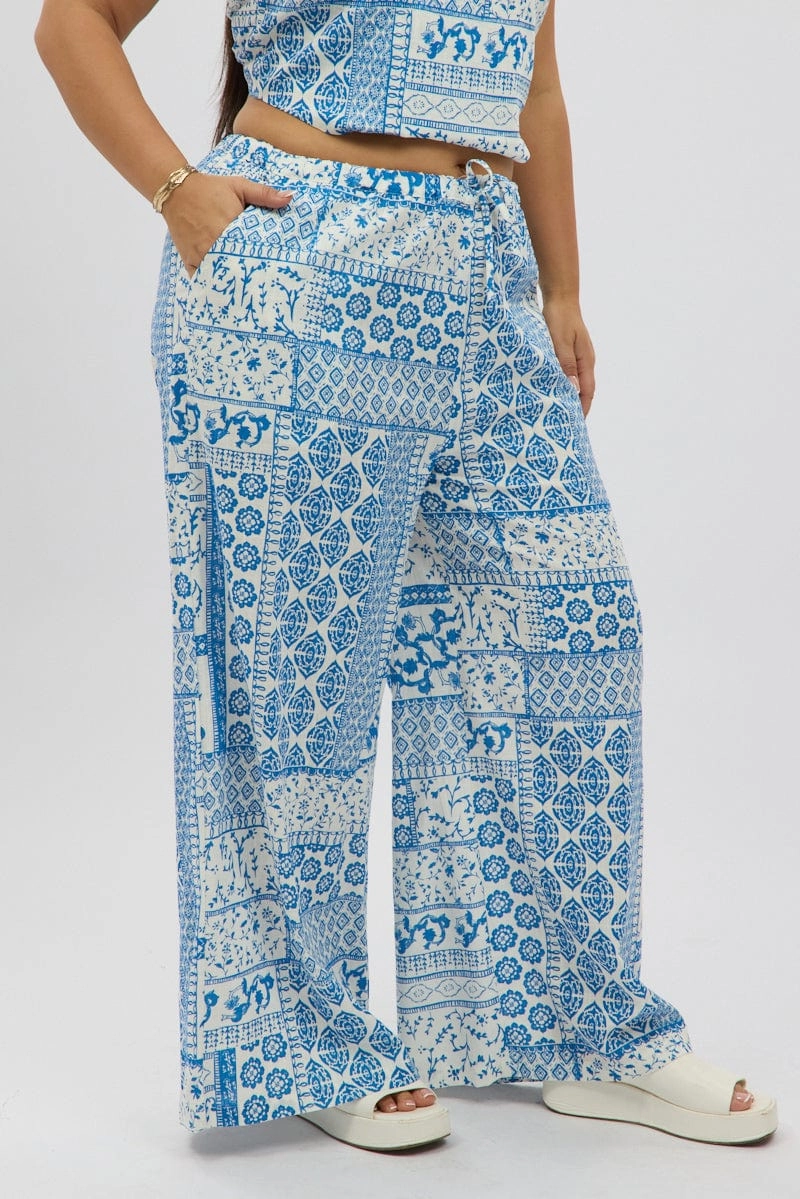 White Boho Elastic Waist Wide Leg Linen Blend Pants Flexible Performance Adjustable loop