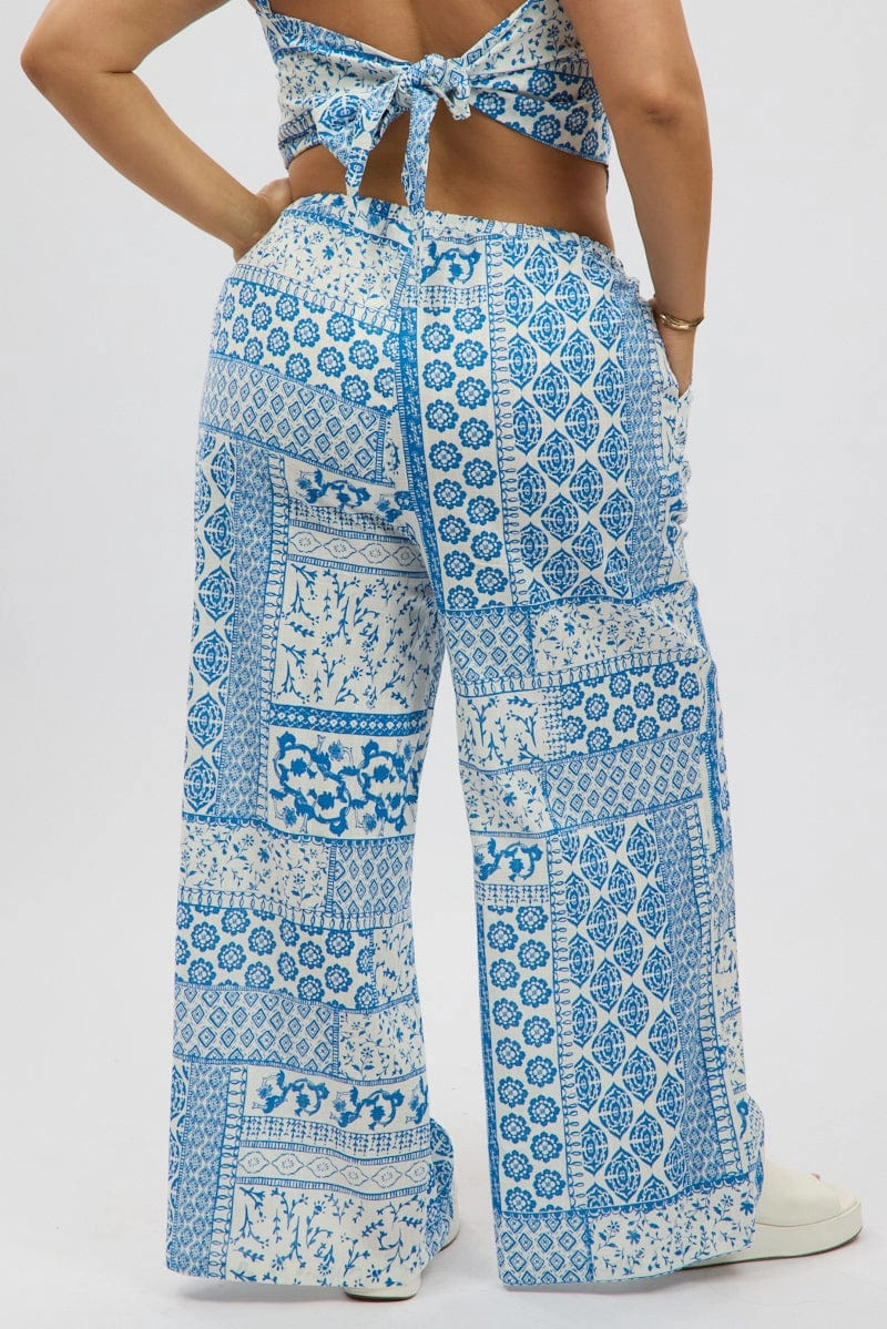 Luxe Look White Boho Elastic Waist Wide Leg Linen Blend Pants