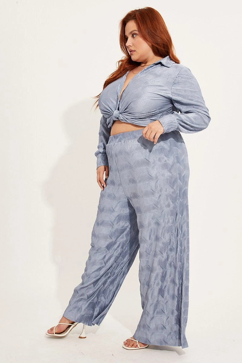 Dusty Blue Plisse Pants Wide Leg High Rise All Purpose Wear Performance Gear