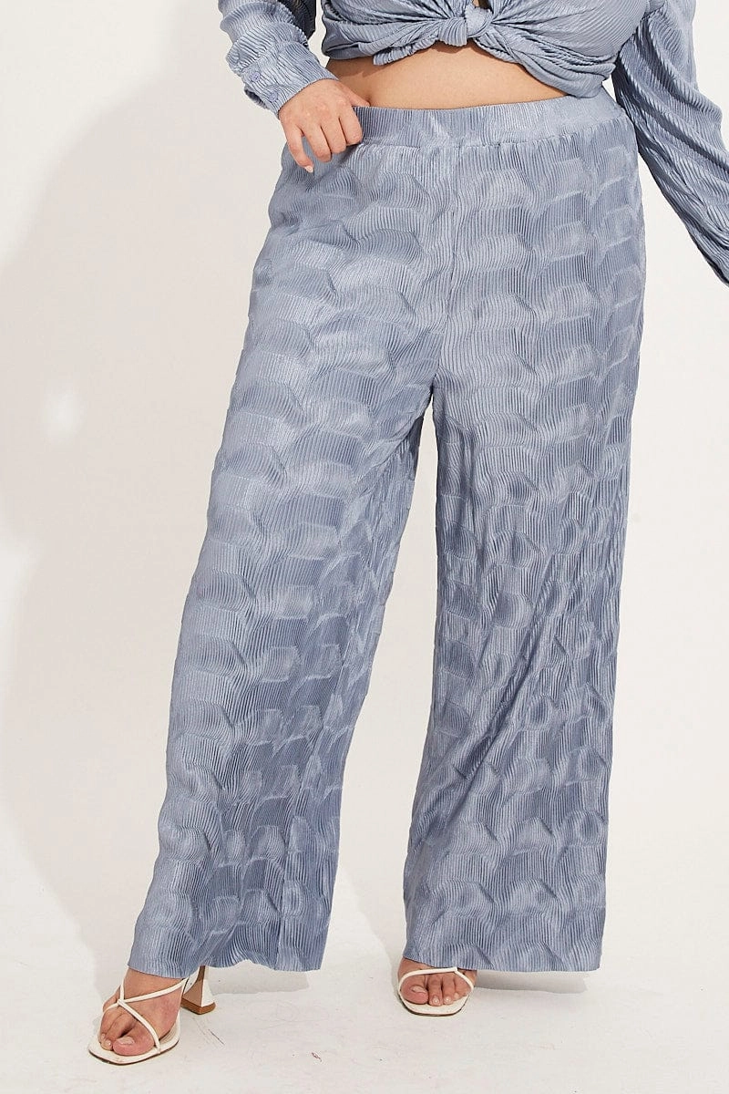 Dusty Blue Plisse Pants Wide Leg High Rise Practical Fit
