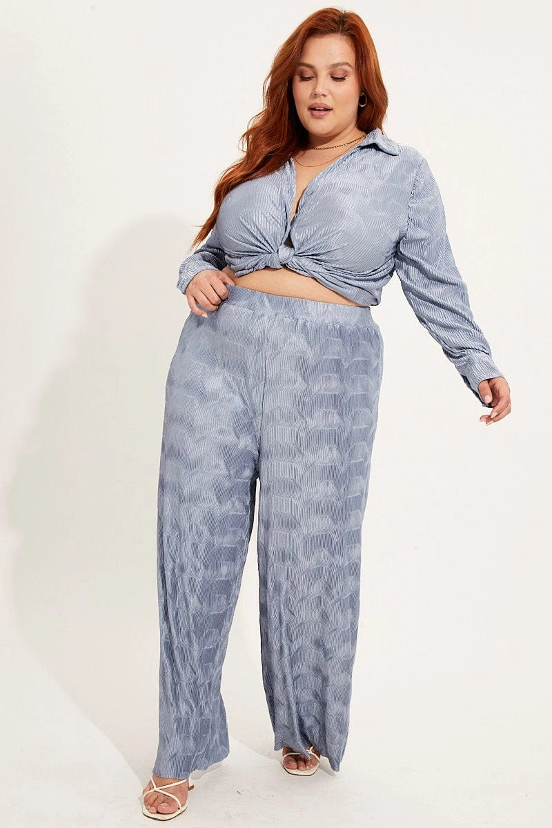 Dusty Blue Plisse Pants Wide Leg High Rise Low Profile Waistband