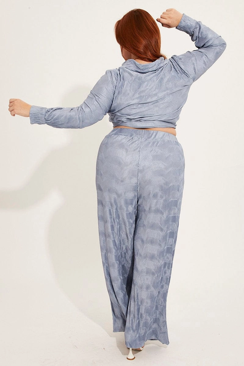 Cozy Material Dusty Blue Plisse Pants Wide Leg High Rise