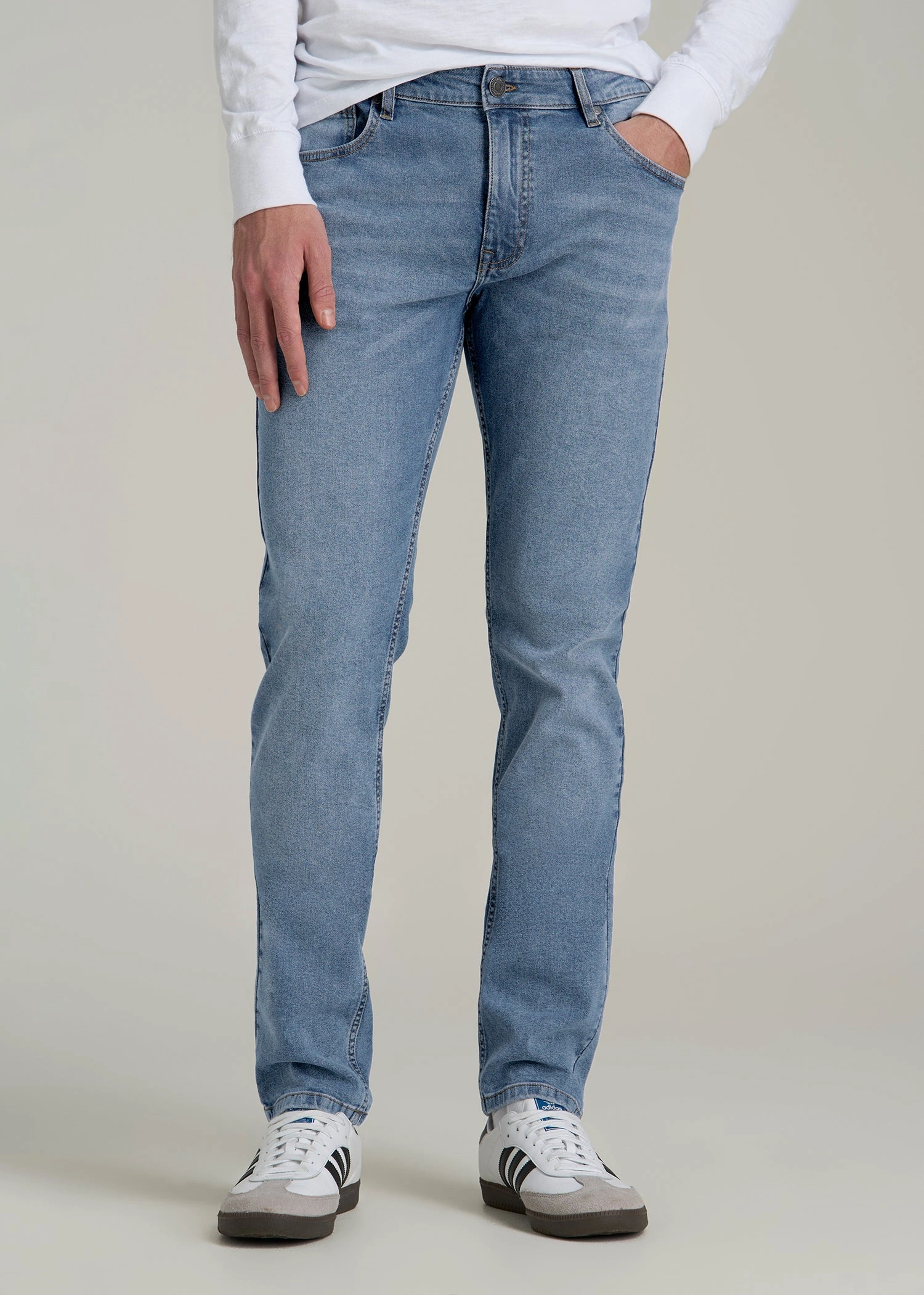 Breathable Feel Simple Match A.T. Basics Men's Carman Tapered fit Jeans for Tall Men in Tufts Blue