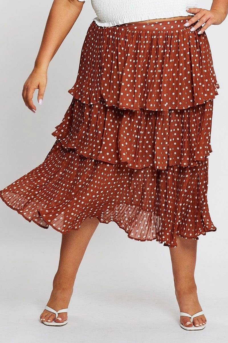 Brown High Waist Frill Tiered Midi Skirt Embroidered Detail