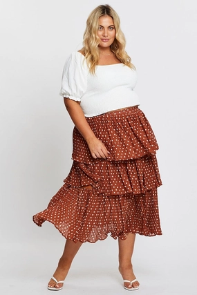 Maxi length Brown High Waist Frill Tiered Midi Skirt