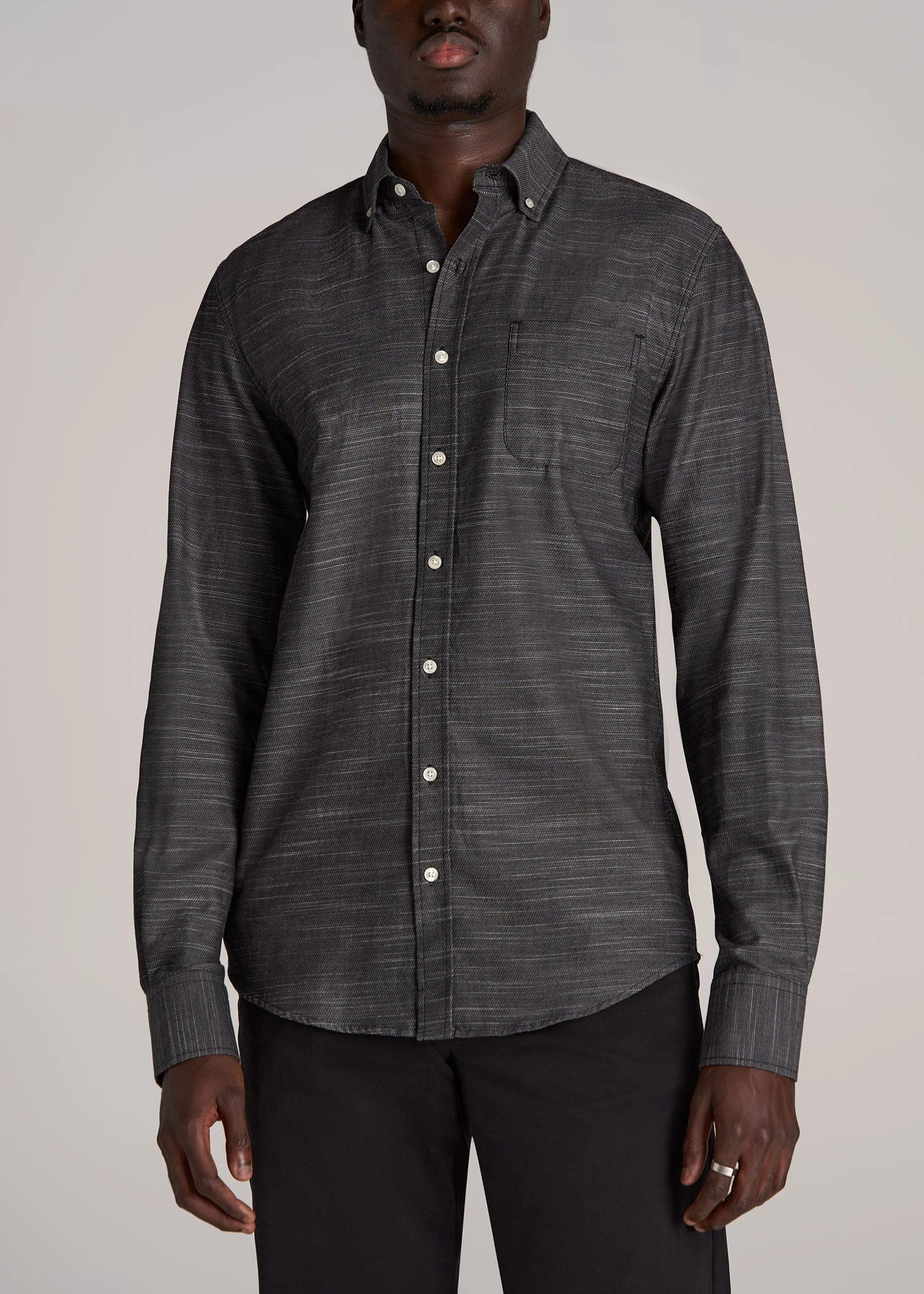 Textured Weave Cotton Button-Up Shirt for Tall Men in Black Relaxed Look