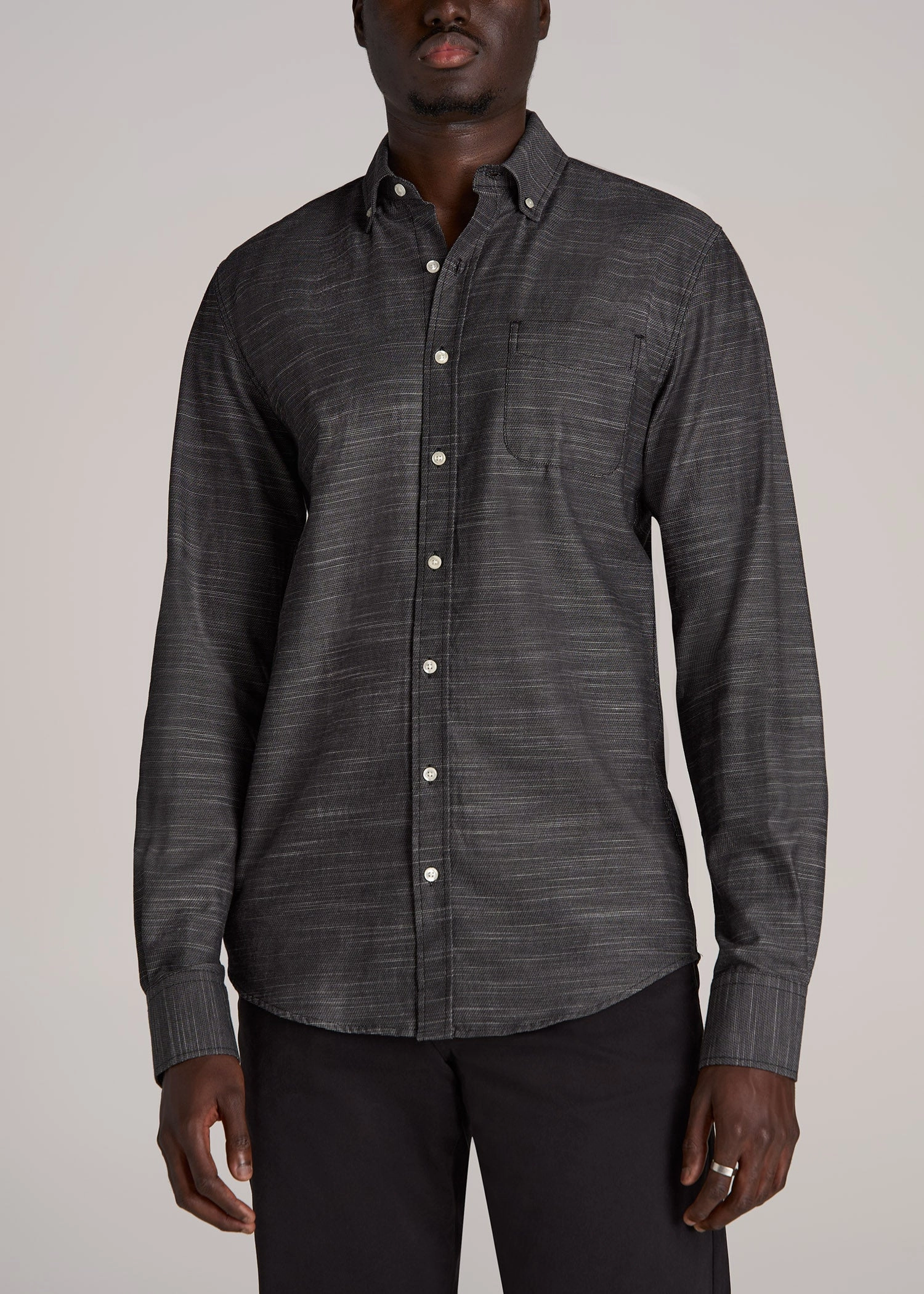 Textured Weave Cotton Button-Up Shirt for Tall Men in Black Garment Washed AllPurpose Design