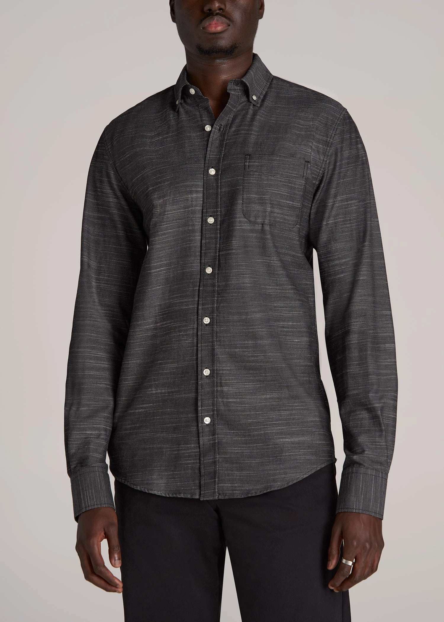 Printed T-shirt EcoCertified Textured Weave Cotton Button-Up Shirt for Tall Men in Black