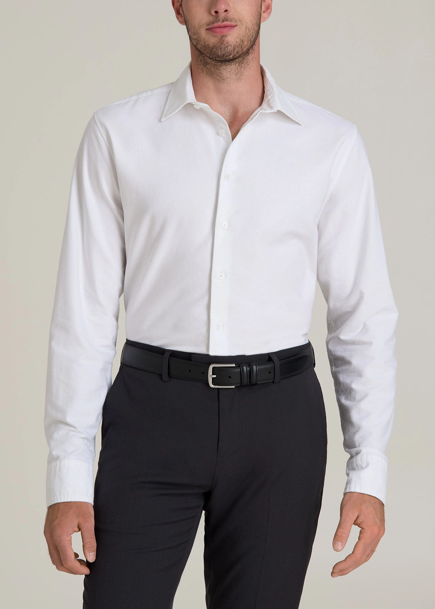 StretchMaterial Durable Reinforced Elbows Pinpoint Oxford Shirt for Tall Men in White