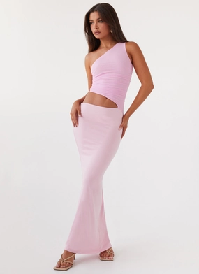 Mesh-Detail Silky Layer Seranella One Shoulder Maxi Dress - Pink