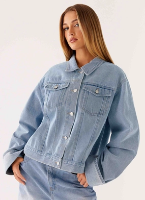 Taped Neckline Back Again Oversized Denim Jacket - Light Wash Blue
