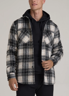 Breathable Mesh Back Brushed Flannel Overshirt for Tall Men in Ecru and Black Plaid
